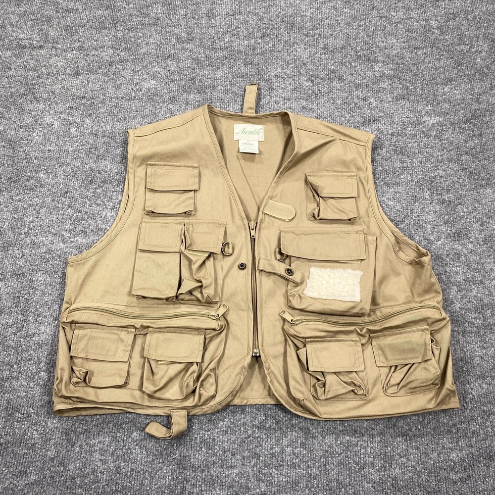 Ausable Fly Fishing Vest Mens Medium Beige Wading Jacket Full Zip Pockets Twill